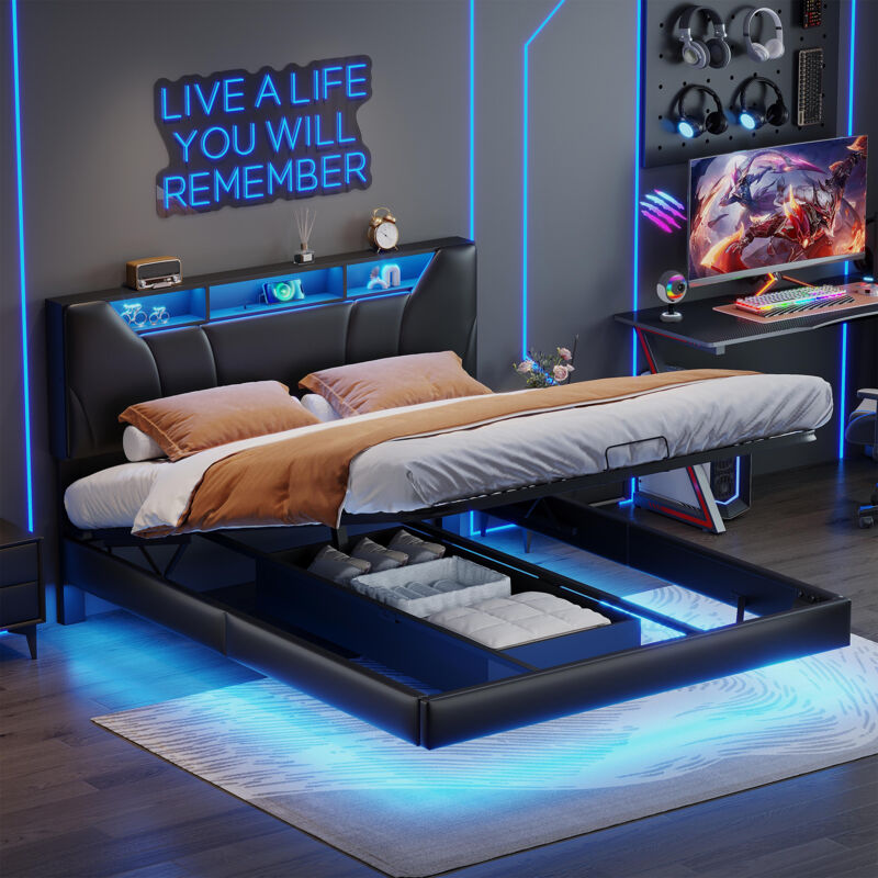Lit coffre 160x200,lit 160x200,lit double capitonné,lit adulte,avec sommier,LED réglable et chargement USB,tissu en PU,Noir