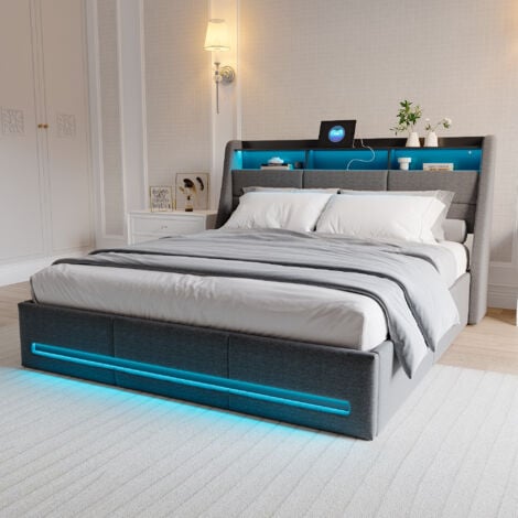 lit coffre 160x200,Lit adult 160x200,lit 160x200,lit capitonné,lit double ,LED réglable et chargement USB,lin,Gris foncé