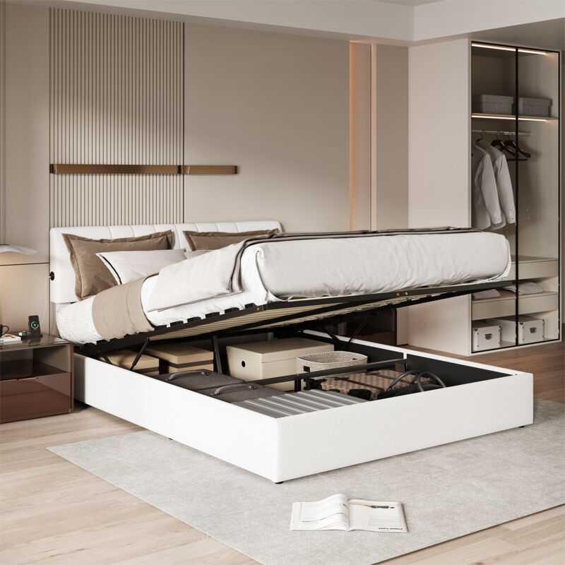 Lit coffre 140x190,lit capitonné,avec sommier à lattes,chargement USB ,tissu en velours,Blanc
