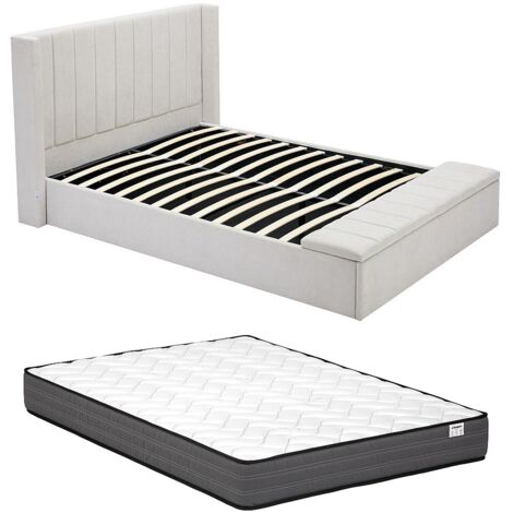 Lit coffre 180 x 200 cm avec banc - Tissu - Beige + Matelas - DOUINO