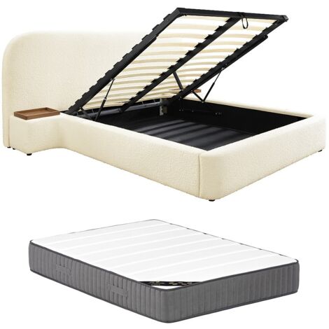 Lit coffre 180 x 200 cm avec chevets - Tissu bouclette - Blanc + Matelas - ESTERIA de Maison Céphy