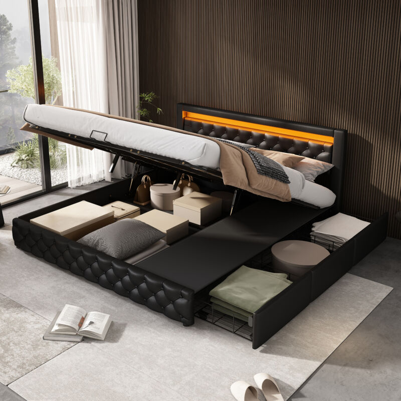 Lit coffre 180 x 200 cm, avec led et tiroirs latéraux, lit adulte rembourré, pu, noir,matelas non inclus