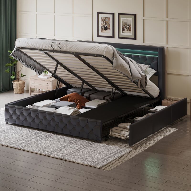 Tanant - Lit coffre 180 x 200 cm, avec sommier à lattes, lit double capitonné avec 3 tiroirs, tête de lit décorée de losanges avec bande lumineuse