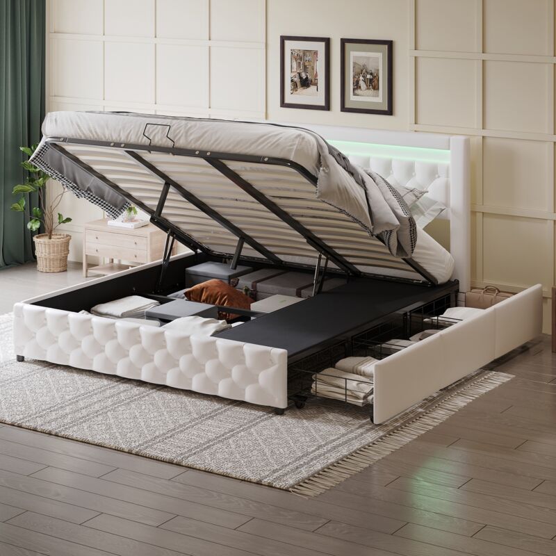 Lit coffre 160 x 200 cm, avec sommier à lattes, lit double capitonné avec 3 tiroirs, tête de lit décorée de losanges avec bande lumineuse led