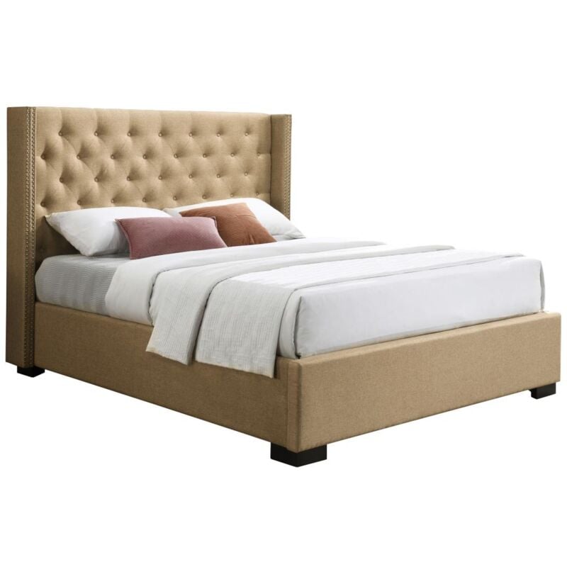 Vente-unique - Lit coffre 180 x 200 cm avec tête de lit capitonnée - Tissu - Beige - massimo