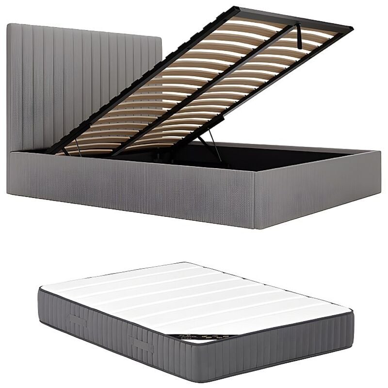 Lit coffre 180 x 200 cm avec tête de lit coutures verticales - Velours côtelé - Gris + Matelas - sarah