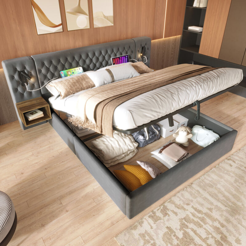 Lit coffre 160 x 200 cm, lit adulte double 2 chevets de rangement, liseuse rechargeable usb, velours, sans matelas, gris