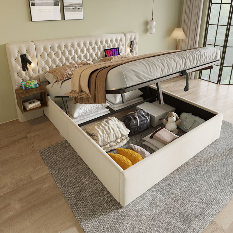 Lit coffre 160 x 200 cm, lit adulte double 2 chevets de rangement, liseuse rechargeable usb, velours, sans matelas, beige