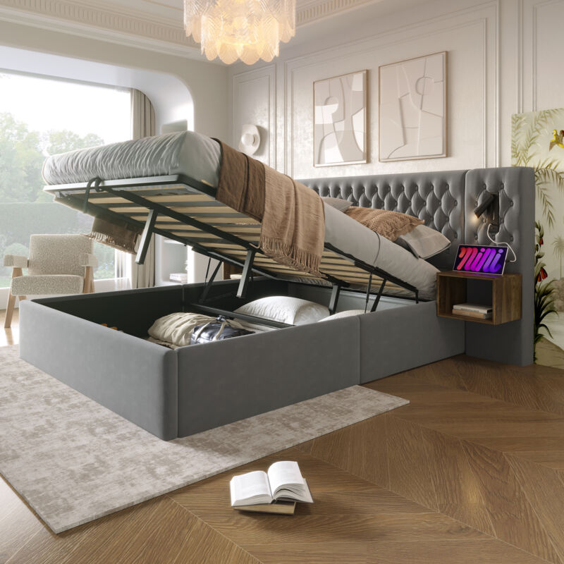 Lit coffre 180 x 200 cm, lit adulte double 2 chevets de rangement, liseuse rechargeable usb, velours, sans matelas, gris