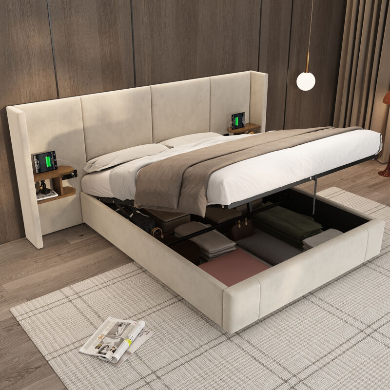 Lit coffre 160 x 200 cm, lit adulte double capitonné , port USB, prise, rangement des deux côtés, velours, sans matelas, beige
