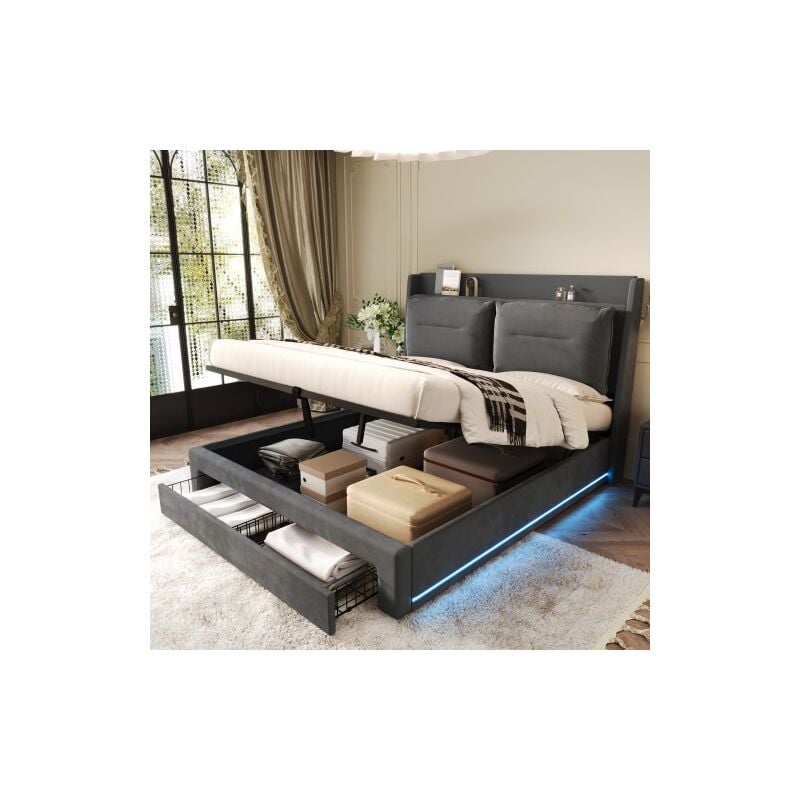 Wishdor - Lit coffre 140 x 190 cm, lit double rembourré, avec tiroirs, éclairage led encastré, avec sommier à lattes, velours, gris foncé, sans