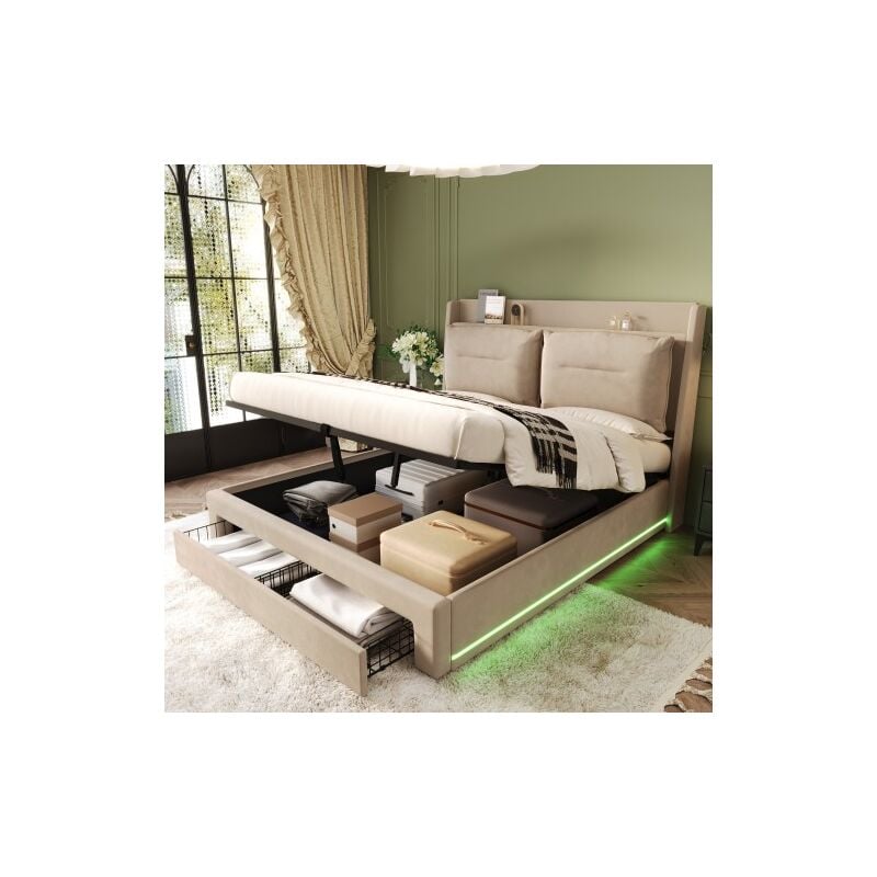 Wishdor - Lit coffre 140 x 190 cm, lit double rembourré, avec tiroirs, éclairage led encastré, avec sommier à lattes, velours, beige, sans matelas