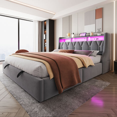 Lit coffre 180 x 200 cm, Lit rembourré tête de lit rabattable avec rangement, prise et compartiment, éclairage LED, velours, gris