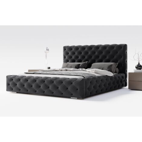 Lit coffre 180 x 200 Paris - Tête de lit Chesterfiled, tissu velours, lit avec rangement - lit adulte 180x200 Noir (Magic Velvet 2219)