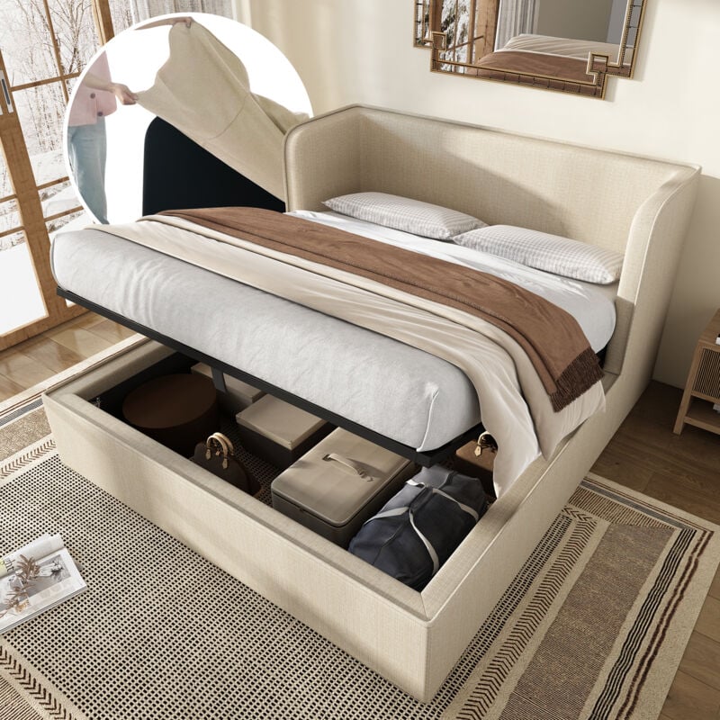 Hauss Spole - Lit coffre 180×200 cm, lit adulte double rembourré, sommier à lattes, lin, sans matelas, beige