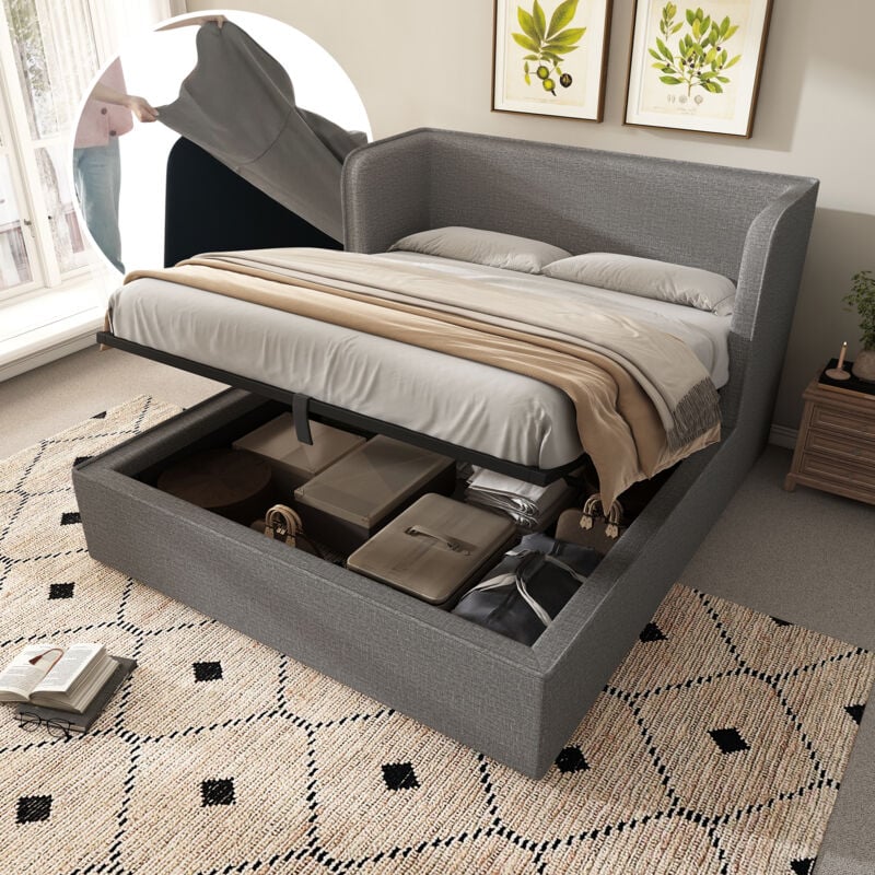 Hauss Spole - Lit coffre 160×200 cm, lit adulte double rembourré, sommier à lattes, lin, sans matelas, gris