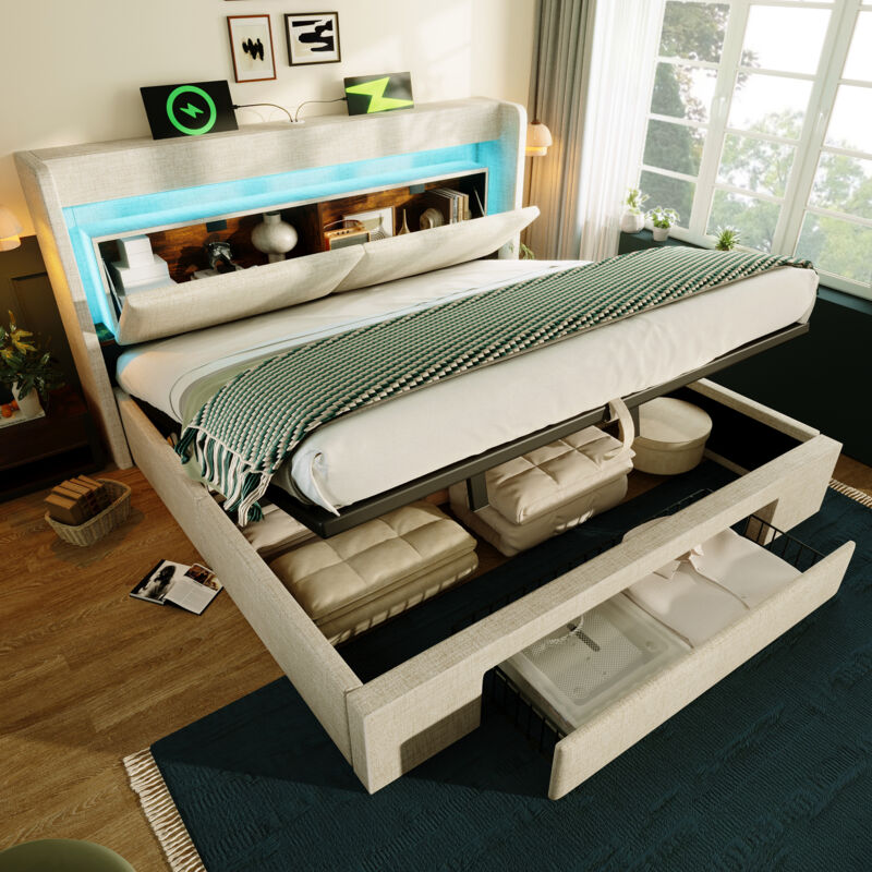 Modenvie Polsterbett 180x200 Jugendbett Doppelbett Mit Led-beleuchtung, kinderbett Mit Steckdosen Und Bettkasten, stauraumbett Mit Holzlatten Aus Leinen,