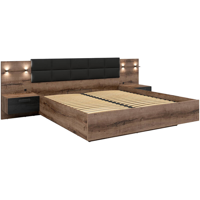 Lit coffre 180x200 + 2 tables de chevet avec éclairage LED avec sommier et rangement coloris Chêne marron foncé/Chêne noir - Longueur 206 x