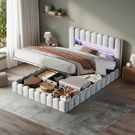 FORTUNA LAI Lit coffre 180x200 avec sommier, lit King Size avec rangement, tête de lit avec éclairage LED, port de chargement, lit adulte double capitonné velours - Gris clair