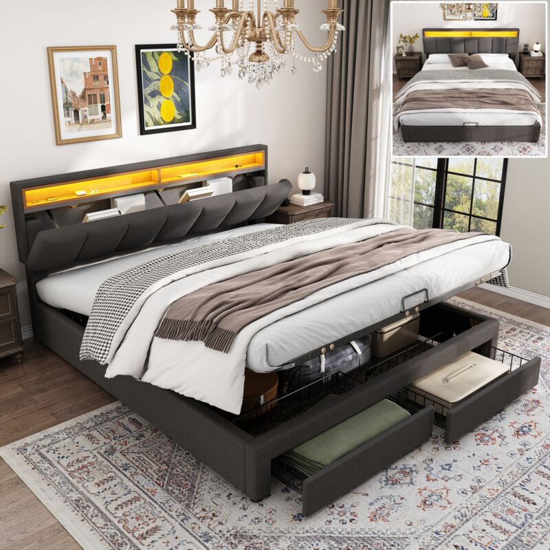 Pergar - Lit coffre 180x200 avec sommier,lit double,lit adulte,LED réglable, rangement pour la tête de lit,deux tiroirs,lin,gris