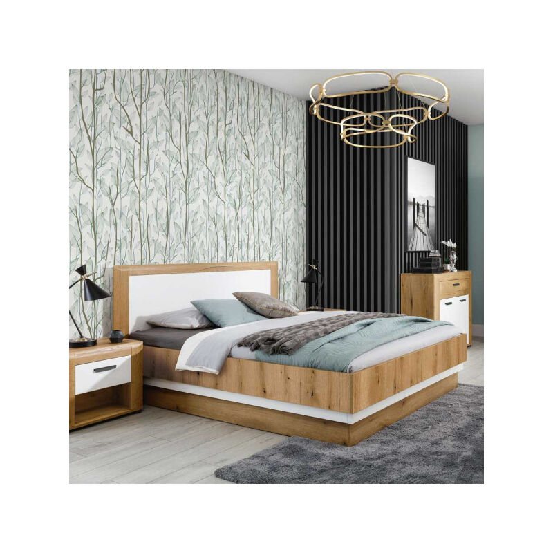 TMM - Lit coffre 180x200 Blanc/Bois clair - aboki - l 198 x l 204.5 x h 101.5 cm