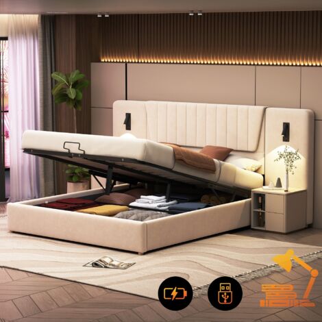 Lit coffre 180x200 cm, avec 2 lampe de lecture réglable, rangement, tête de lit extra long, USB, sommier à lattes en bois, cadre en métal, lit capitonné en velours - Beige