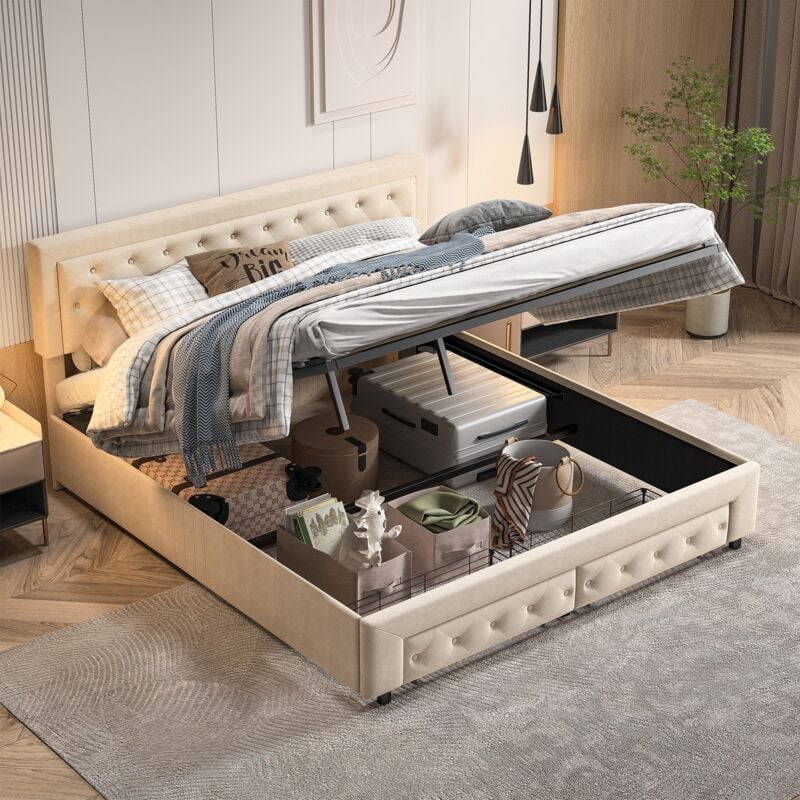 Lit coffre 180x200 cm, avec 2 tiroirs, décor rivets, structure à lattes en bois massif, structure en métal, Cygne, lit double capitonné - Beige