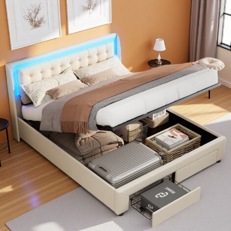 Lit coffre 180x200 cm, avec éclairage LED, deux tiroirs en bout de lit, velours, rangement hydraulique, sommier à lattes, adapté aux adultes et adolescents,Beige