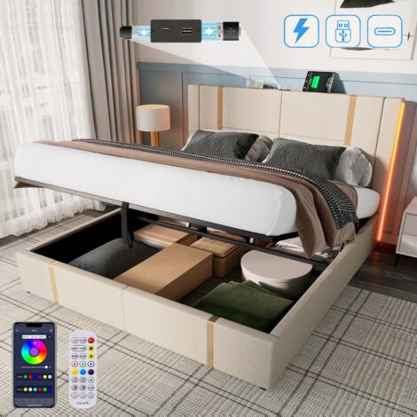 Lit coffre 180x200 cm, avec éclairage LED, USB-A/C charge, hydraulique de rangement, décorations dorées, sommier à lattes en bois, lit capitonné en lin - Beige