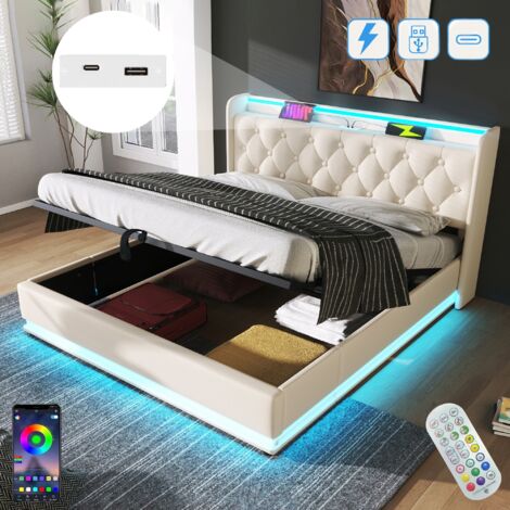 Lit coffre 180x200 cm, avec éclairages LED, hydraulique de rangement, USB charge, cadre en métal, sommier à lattes en bois, lit double capitonné en lin - Beige