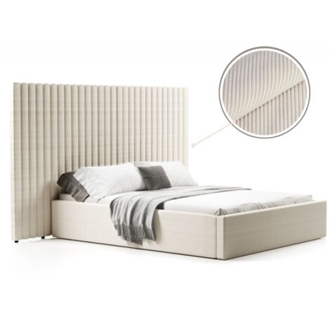 Lit coffre 180x200 cm avec grande tête de lit matelassée – Tissu velours côtelé beige – Coffre de rangement avec vérins – Design moderne – Meubler Design