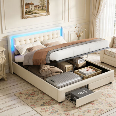 Lit coffre 180x200 cm avec rangement hydraulique, Lit rembourré avec LED et 2 tiroirs, Lit adulte avec sommier à lattes en bois, 2 personnes, King size, Velours, Beige