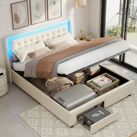 Lit coffre 180x200 cm avec sommier et 2 tiroirs, lit double avec éclairage LED, lit capitonné 2 personnes, convient aux adultes et adolescents, velours, Beige