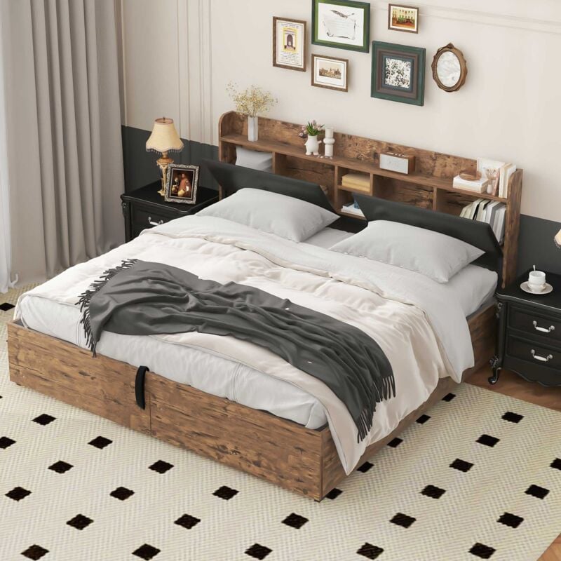 Modernluxe - Lit coffre 180x200cm - avec tête de rangement et sommier à lattes en métal - Naturel foncé & Noir