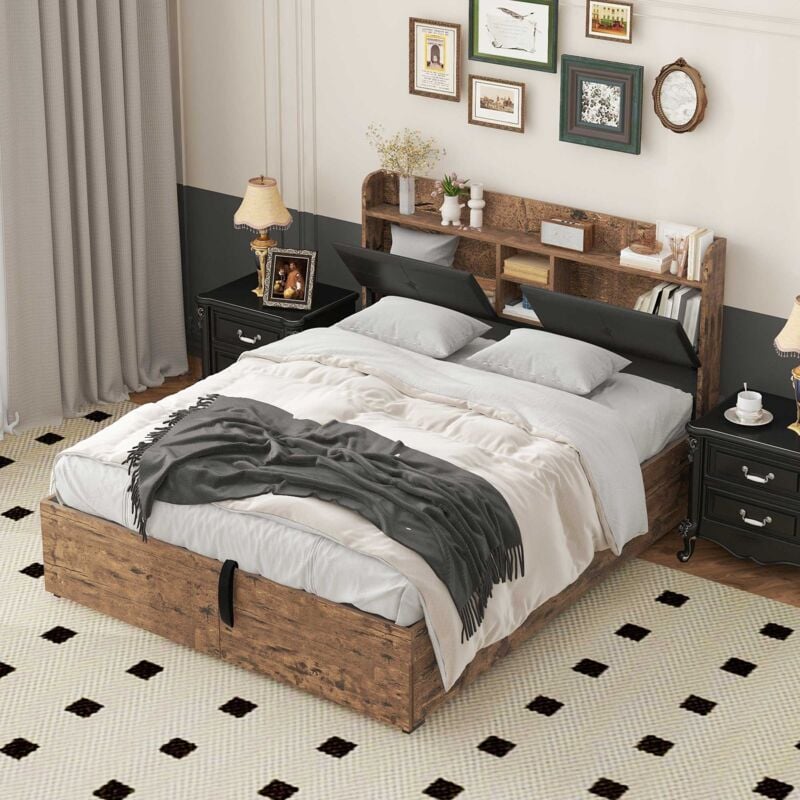 Lit coffre 160x200cm - avec tête de rangement et sommier à lattes en métal - Naturel foncé & Noir