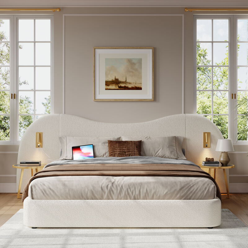 Lit coffre 180x200 cm bouclé avec rangement hydraulique, tête de lit rembourrée, prise USB, lampe lecture, sommier lattes inclus, sans matelas, blanc