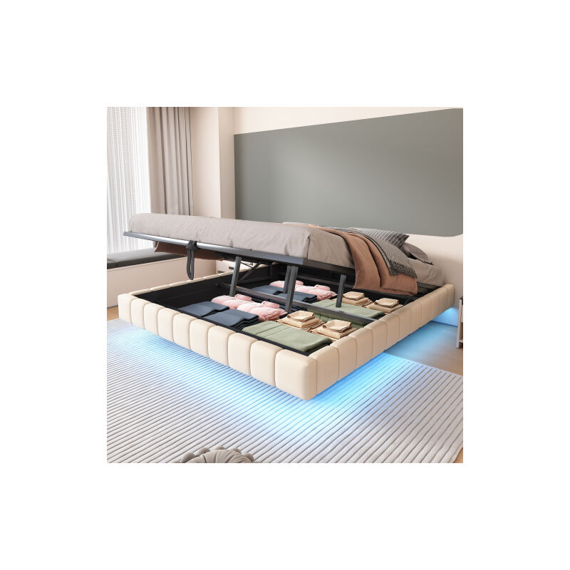 Lit coffre 180x200 cm, cadre de lit flottant hydraulique avec espace de rangement et lumière led, lit rembourré sans tête de lit, lin, beige