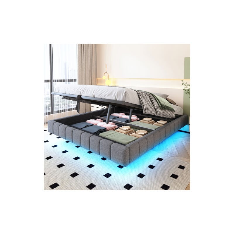 Okwish - Lit coffre 160x200 cm, cadre de lit flottant hydraulique avec espace de rangement et lumière led, lit rembourré sans tête de lit, lin, gris