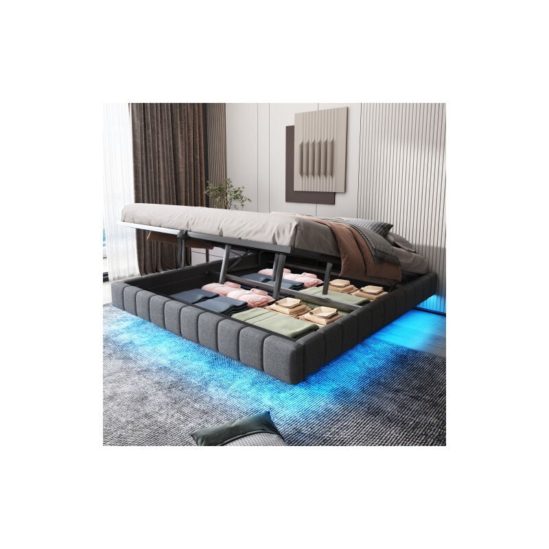 Okwish - Lit coffre 180x200 cm, cadre de lit flottant hydraulique avec espace de rangement et lumière led, lit rembourré sans tête de lit, lin, gris