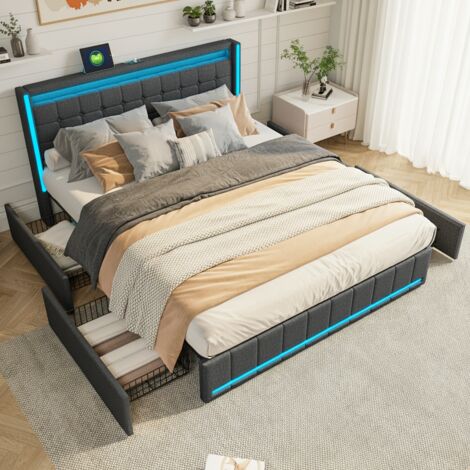 Lit coffre 180x200 cm, Cadre en métal avec 4 tiroirs, tissu de lin, tête de lit LED RGB, Lit rembourré lit avec sommier - gris