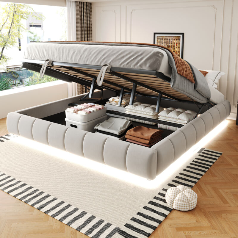 Lit coffre 180x200 cm coffre relevable hydraulique, revêtement flanelle, cadre métal beige (Sans matelas)
