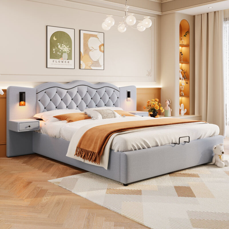 Modernluxe - Lit coffre 180x200 cm en lin - 2 chevets de rangement avec prise usb et lampes - Gris