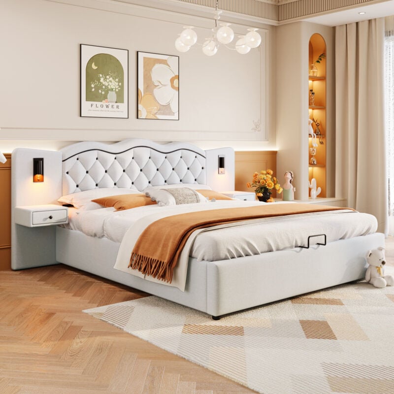 Lit coffre 180x200 cm en lin - 2 chevets de rangement avec prise USB et lampes - Beige