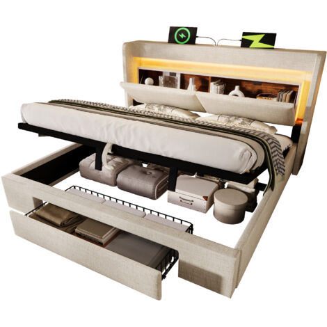 Lit coffre 180x200 cm en lin beige avec LED, ports USB/USB-C, sommier à lattes et tiroir sur roulettes