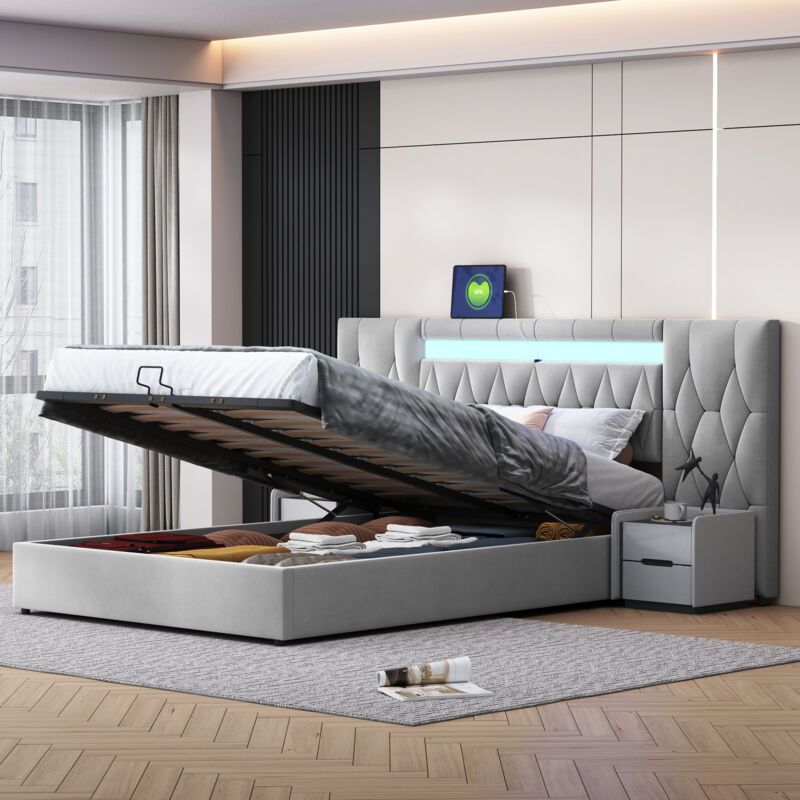 Modernluxe - Lit coffre 180x200 cm en velours - avec led et prise usb - Gris