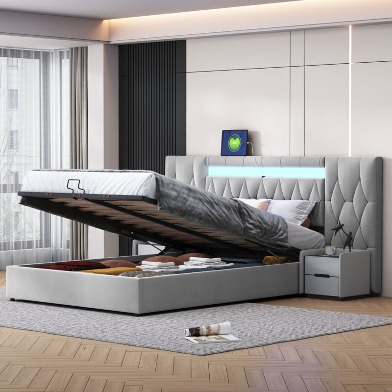 Lit coffre 160x200 cm en velours - avec LED et prise USB - Gris