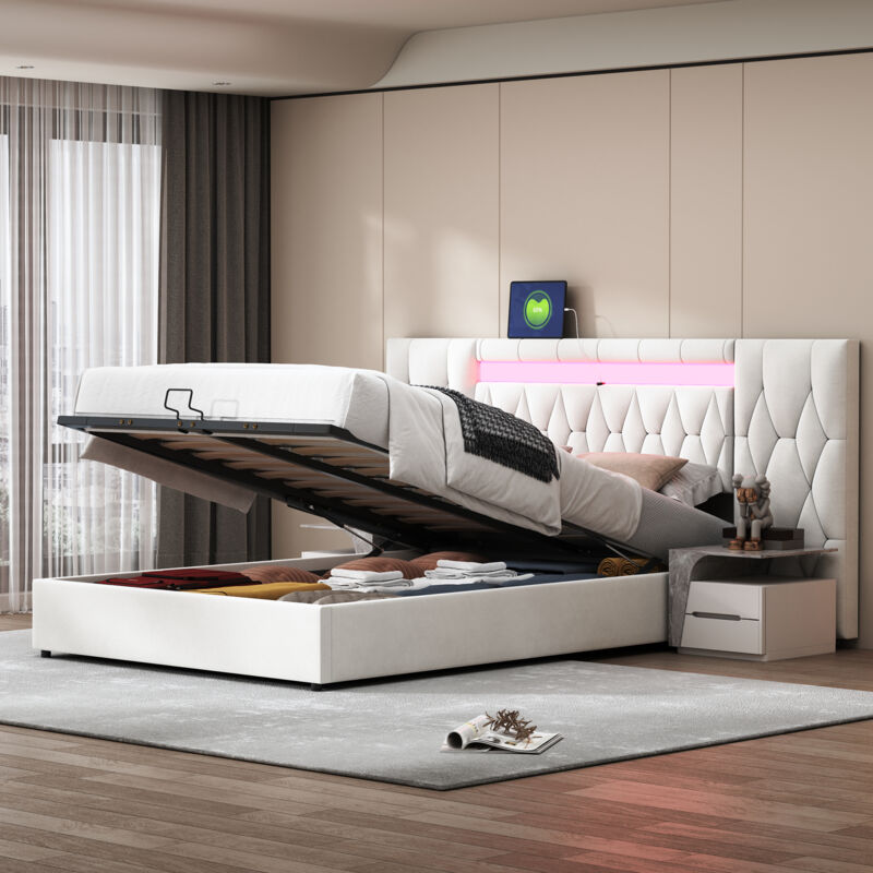 Modernluxe - Lit coffre 160x200 cm en velours - avec led et prise usb - Beige