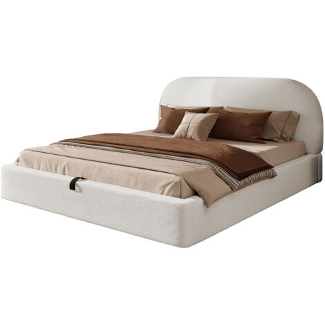 Lit coffre 180x200 cm Lit adulte avec rangement hydraulique intégré et tête de lit capitonnée - Tissu bouclé  - beige