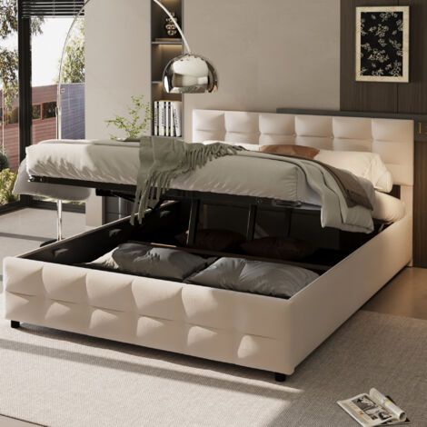 Lit coffre 180x200 cm, lit adulte avec sommier à lattes, tissu en velours hollandais beige, sans matelas