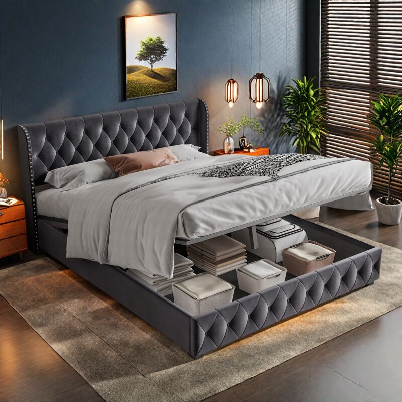 Sureh - Lit coffre 180x200 cm, lit adulte double, lit capitonné hydraulique avec rangement pneumatique,lit double en velours - Gris